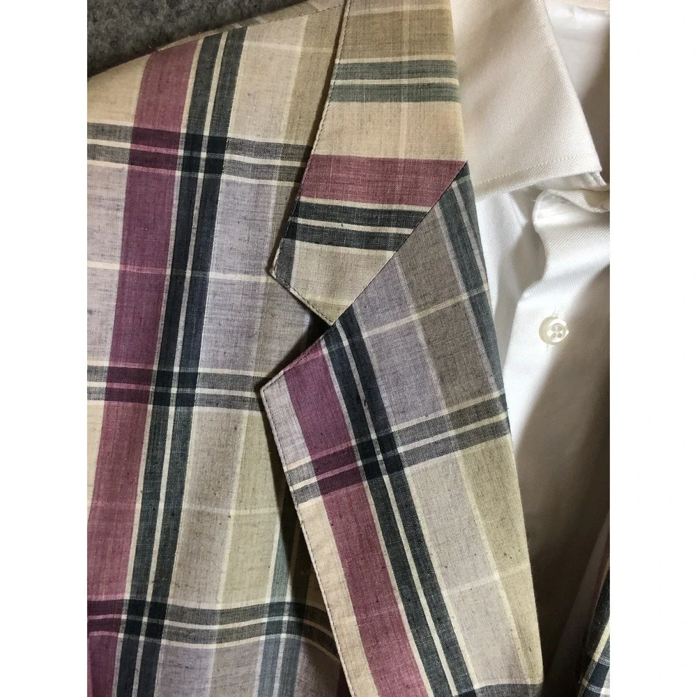 Vintage Palm Beach Blazer 44L Madras Plaid Linen Blend Suit Coat Jacket Classic